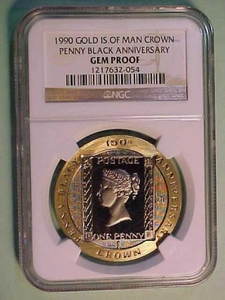 1990 Isle Of Man Penny Black Anniversary 1oz Gold Crown Ngc Gem Proof
