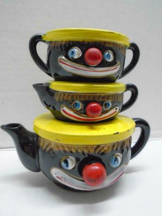 Vintage Thames Redware Black Clown Face Stacking Teapot Set Japan 1930 