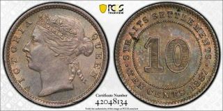 Straits Settlements Silver Qv 10 Cents 1887 Toned Uncirculated Pcgs Ms62