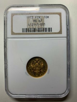 1913 Finland Russia Gold 10 Markkaa Coin Ngc Graded Ms 67 1913