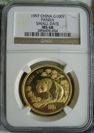 1997 China Panda 1oz Gold 100 Yuan Ngc Ms - 68 Small Date