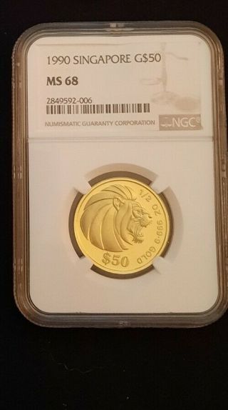 1990 Singapore 50 Dollar 1/2 Oz Gold Coin.  9999 Ngc Ms 68