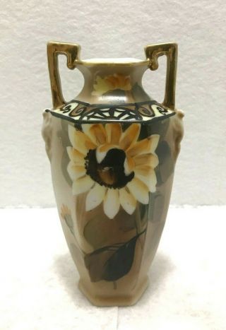 Antique Morimura Nippon Hand Painted Sunflower Porcelain Vase 6 1/2 " Gold Handle