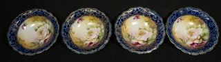 Set Of 4 Antique Nippon 5 " Berry Bowls - Pink Roses,  Blue Edge & Gold Moriage