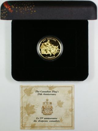 1990 Canada $200 Dollar Proof Gold Coin Canadian Flag 25th Anniv W/