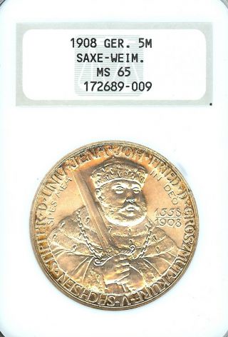 German State Saxe - Weimar - Eisenach 1908 5 Mark Thaler Taler Ngc Ms 65 Stg/stg Unc