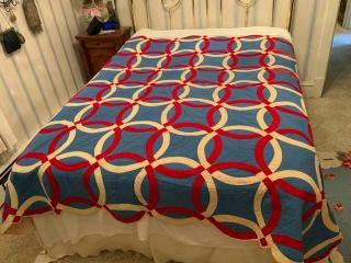 Vintage Handmade Red White And Blue Quilt 78x88