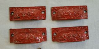 Set Of 4 Matching Antique Cast Iron Eastlake Drawer Bin Pulls Red Paint 3.  5 "