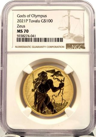 2021 Tuvalu $100 Gods Of Olympus Zeus 1 Oz 9999 Gold Coin - Ngc Ms 70 - 100 Made