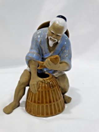 Vintage Antique Chinese Clay Mudman Mud Man Statue Figurine Holding Fish