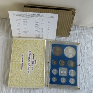 India 1975 10 Coin Proof Set With Silver Rupees - Complete
