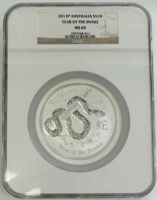 2013 P Silver Australia 10 Oz Lunar Year Of The Snake $10 Coin Ngc State 69