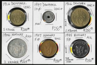 6 Norway & Denmark Old Coins (cat Value $1400,  Usd) Au/unc Beauties No Rsrv