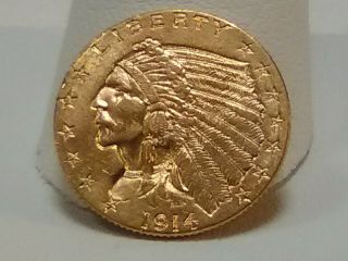 1914 - D American 2 - 1/2 Dollar Gold Coin.  Indian Head.