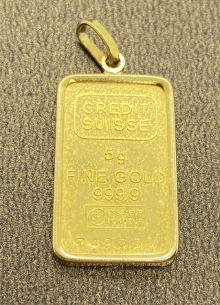 Solid Pure Gold Credit Suisse " Mini Bar " 5 Gram Ingot 18k Pendant Bezel