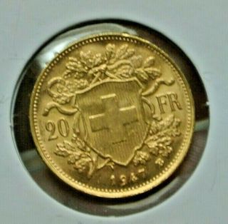 Swiss Helvetia Gold Coin - 1947b - 20 Franc - " Swiss Miss " Uncirculated
