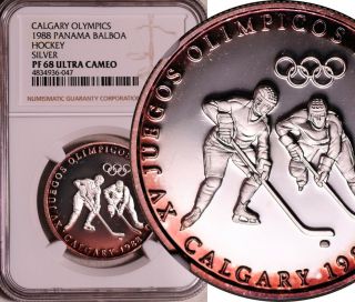 Ngc Pf - 68 Ultra Cam Panama Silver Balboa 1988 (hockey Calgary Olympics) Pop 2/1