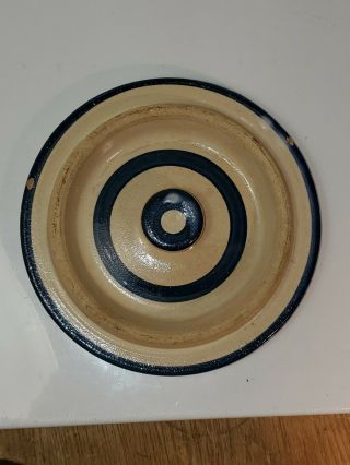 Vintage Stoneware Crock Lid With Blue Ring Stripes 8 " Outer 6 3/8 " Inner Lip