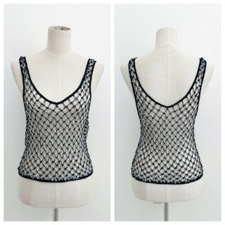 Y2k Fishnet Knit Sequin Tank Top Black Size Small