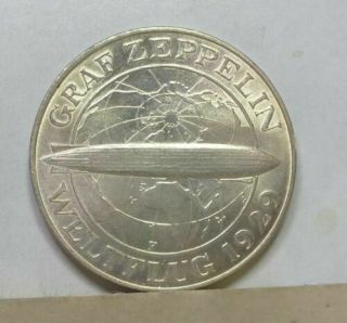Rare 1930 F Germany Large Silver 5 Marks - Zeppelin - Unc