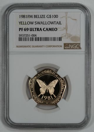 1981 Fm Proof Belize Yellow Swallowtail G$100 Gold Ngc Pf 69 Ultra Cameo (004)