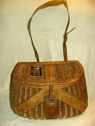 Antique Wicker Fishing Creel Basket Leather Strap Fly Fishing Rustic Cabin Camp