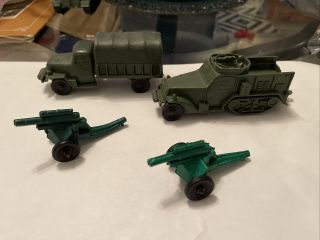 Vintage Auburn Rubber Toy Army Half Track And Truck & 2 Artillery Cannons