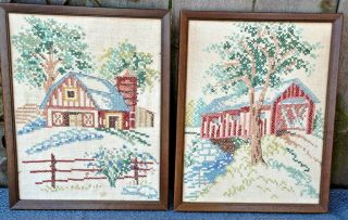 2 Cross Stitch Completed Handmade Barn And Covered Bridge Framed Vintage 11x14