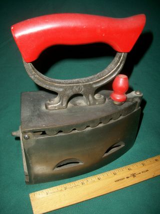 Unique Antique “kz 2” Cast Iron Coal Heated Sad Iron W/ Red Wood Handle & Knob
