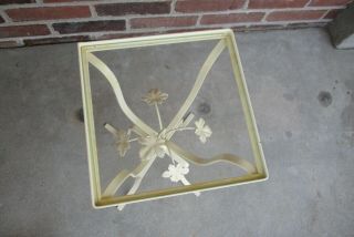 Vintage Accent Side End Table Glass Top 3d Leaves Italy Hollywood Regency Iron