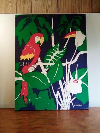 Pre Vintage Marushka 24 X 18 Tropical Parrot Silk Screen Print Textile Wall Art
