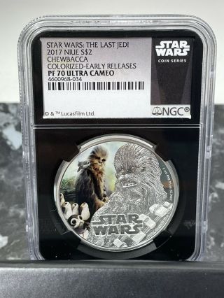 2017 Star Wars Chewbacca Niue $2 Coin 1 Oz.  999 Silver Ngc Pf 70 Color Blk Core