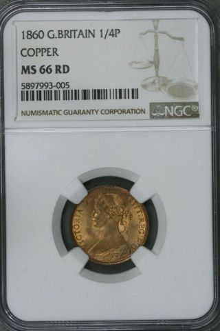 Great Britain 1860 Farthing Ngc Ms 66 Rd Top Pop 1/0 S291