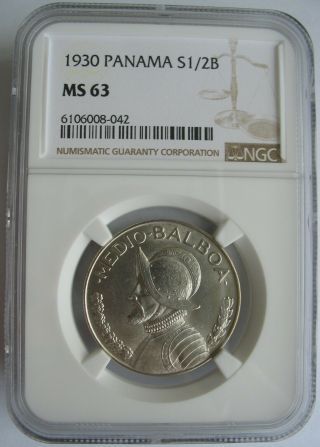 1930 Panama Silver 1/2 Balboa Ngc Ms - 63
