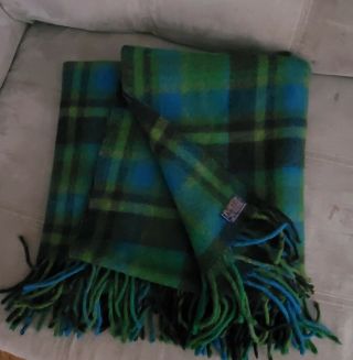 Vtg Pendleton Wool Blanket Blue Black Green - Yellow Plaid W/fringe 52 " ×64 " Camp