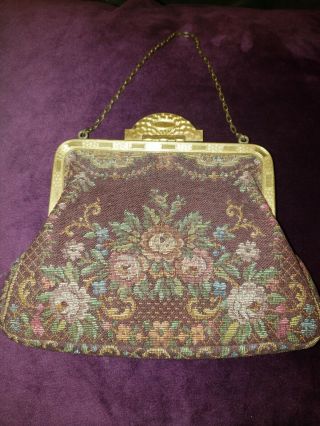 Vtg /antique Floral Tapestry Handbag Small With Chain