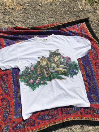 Single Stitch Habitat Vintage Wolf Flowers Shirt 90s Double Sided Nature Tee