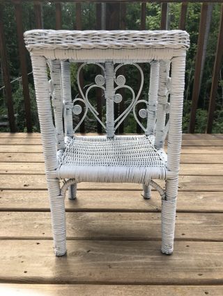 White Vintage Antique Rattan Wicker End Side Table Night Plant Stand Boho Beach