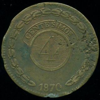 Paraguay Copper Coin 4 Centesimos 1870 Crude Style Asuncion Km 4.  2 Scarce