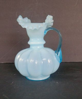 Vintage Baby Blue Cased Glass Melon Pitcher Vase Jug W/handle 6.  5 " By 8 " Tall