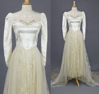 Vintage 1940s Wedding Dress,  Beaded Satin Embroidered Tulle Net 40s Bridal Gown
