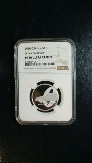 2020 Great Britain Ngc Pf70 Ucam 1 Pound James Bond 007.  999 Silver 1/2 Oz Coin