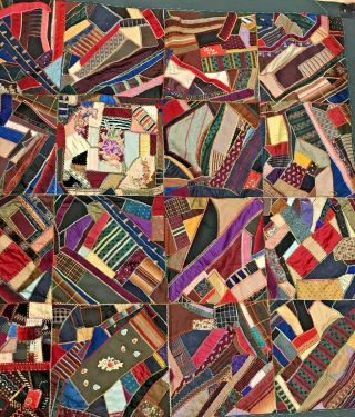 Vintage Handmade Crazy Quilt Lap Patchwork Silk Satin 64 " X64 " Square Needs Tlc