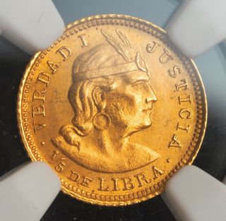 1925,  Peru (republic).  Gold 1/5 Libra (1/5 Pound) Coin.  (1.  59gm) Ngc Ms - 63
