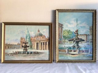 2 Vintage Watercolor Paintings Gian Lorenzo Bernini Fountains Signed M Bertozzi
