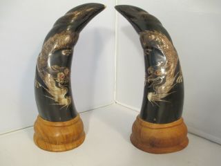Vintage Antique Hand Carved Dragon Buffalo Horn Wood Base