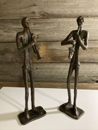 Set Of 2 Musical Metal (bronze?) Saxophone & Trombone Player Sculpture 15”