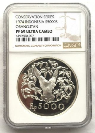 Indonesia 1974 Orangutan 5000 Rupiah Ngc Pf69 1oz Silver Coin,  Proof