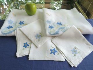 2 Vintage Madeira Organdy 34 " Tea Tablecloths 4 Napkins Blue Applique Embroidery
