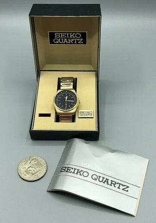 Vintage Mens Gold Tone Seiko 7559 - 6009 Wr Quartz Watch W/ Day Date & Box Excel